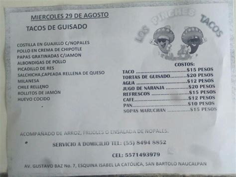 Menu at Los Pinches Tacos restaurant, Naucalpan