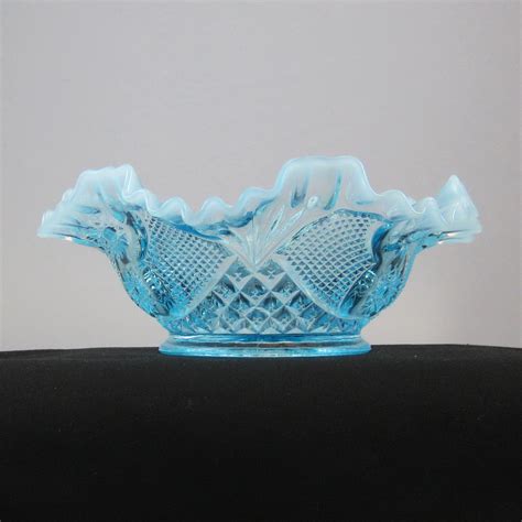 Antique Dugan Blue Opalescent Glass Scheherazade Bowl Carnival Glass