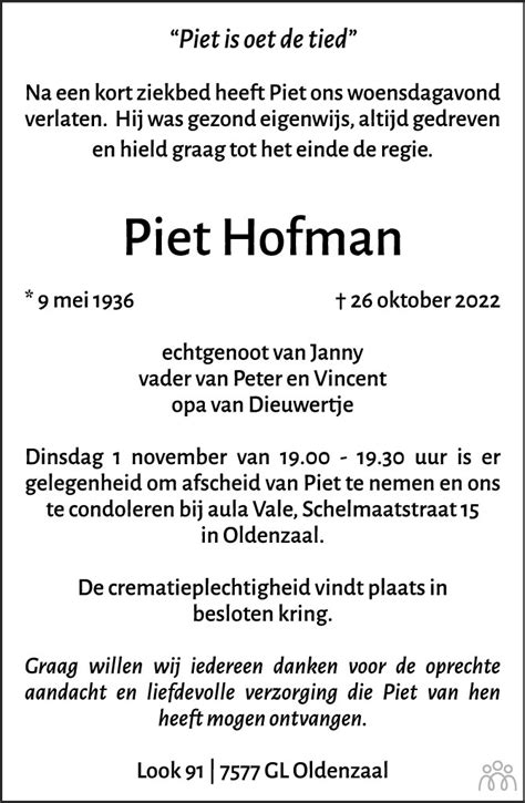 Piet Hofman Overlijdensbericht En Condoleances Mensenlinq Nl