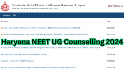 Haryana Neet Ug Counselling 2024 Round 2 Allotment Result Out Check