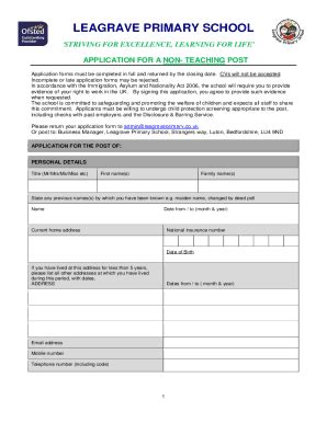 Fillable Online Leagraveprimary Co SUPPORT STAFF APPLICATION FORM 2