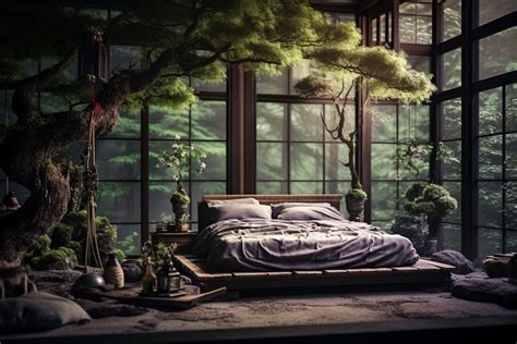 Zen Bedroom With Indoor Bonsai Garden