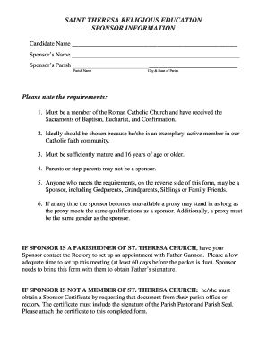 Fillable Online Confirmation Sponsor Certificate St Theresa Parish