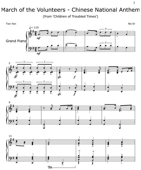 March of the Volunteers - Chinese National Anthem - Sheet music for Piano