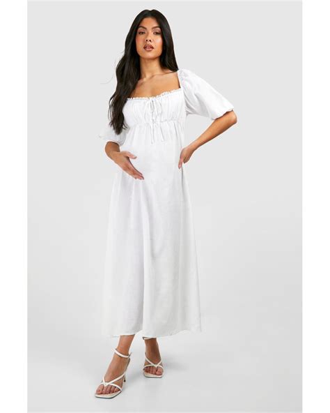 Boohoo Maternity Linen Milk Maid Midi Dress In White Lyst