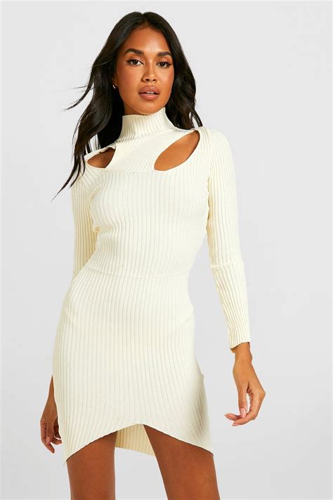 Womens High Neck Cut Out Detail Rib Knitted Dress Boohoo Uk