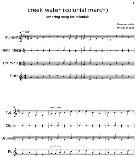 Creek Water Colonial March Sheet Music For Trumpet Hand Clap Drum