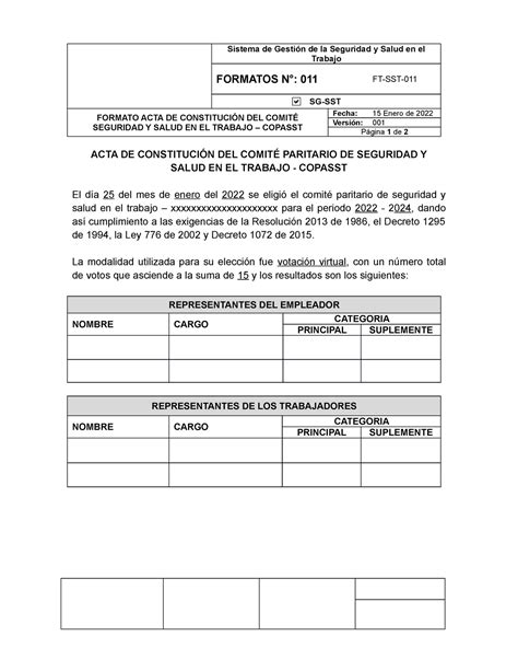 Ft Sst Formato Acta De Constituci N Del Comit Copasst