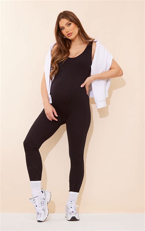 Maternity Black Snatched Rib Seam Detail Jumpsuit Prettylittlething Ca