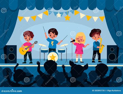 Kids And Music, Vector Illustration Of Four Kids In A Music Band ...