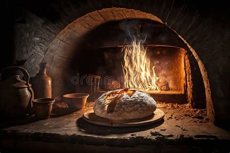 Crusty Freshly Baked Traditional Bread On A Rustic Wooden Table With Traditional Oven In The