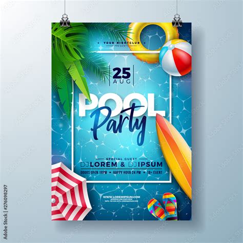 Summer Pool Party Poster Design Template With Palm Leaves Water Beach