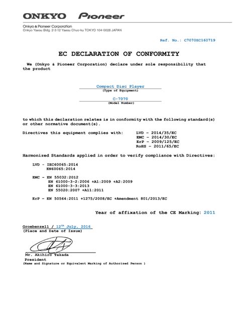 Fillable Online EC DECLARATION OF CONFORMITY Onkyo Fax Email Print