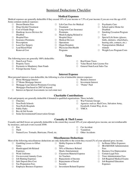 List Of Itemized Deductions Worksheet