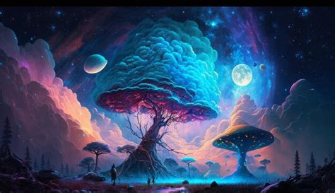 Premium AI Image | A painting of a tree with a blue moon and a purple moon