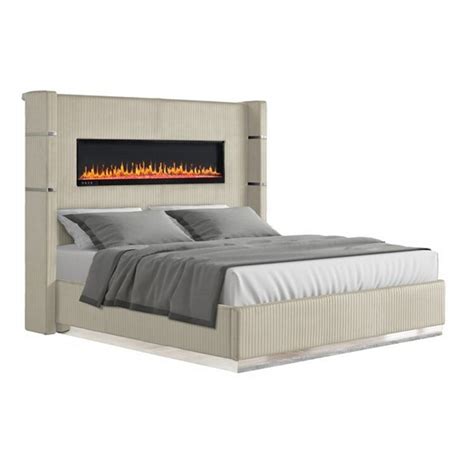 Benjara Zeb King Size Bed, Fireplace Display Headboard, Beige Velvet ...