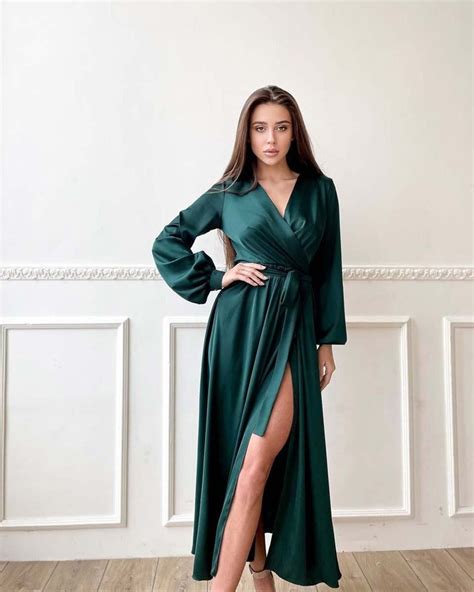 Emerald Bridesmaid Silk Dress Long Silk Dress With Sleeves Etsy