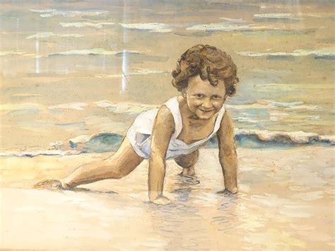 Aquarelle encadré enfant plage mer signe 1929 eBay