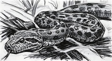 Detailed Black and White Pencil Sketch of a Coiled Snake in Natural ...