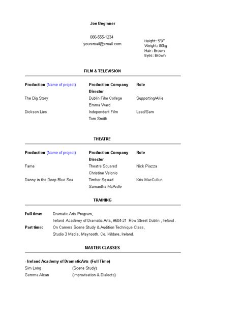 Free Beginner Acting Resume Template Templates At