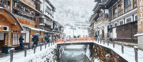 Beautiful Ginzan Onsen With Snow Fall In Winter Season Is Most Famous Japanese Hot Spring In