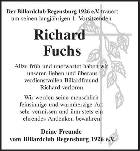 Traueranzeigen Von Richard Fuchs Mittelbayerische Trauer