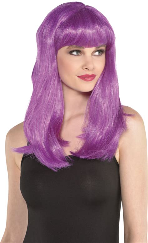 Long Straight Hair Wig With Bangs Purple One Size Wearable Costume Accessory For Halloween