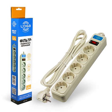 Сетевой фильтр-удлинитель 1,5 м с заземлением и выключателем, LOGA (ID ...