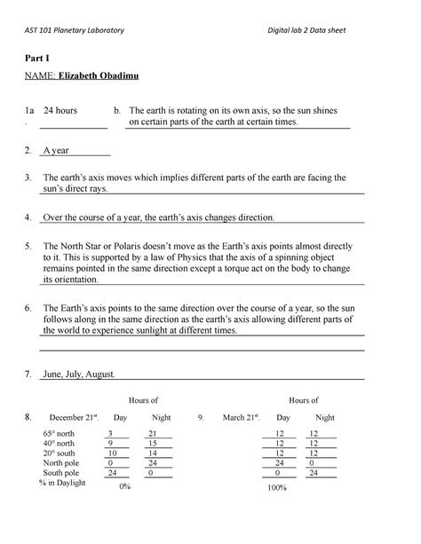 Ast Lab Data Sheet Ast Planetary Laboratory Digital Lab