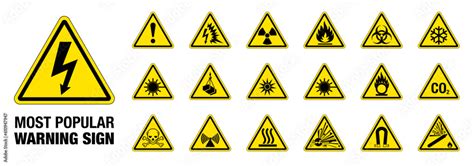 Set of 18 most popular isolated hazardous symbols on yellow round ...