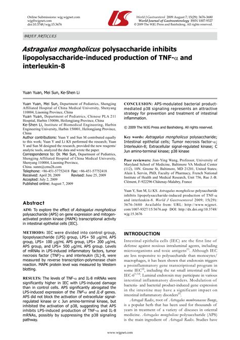 PDF Astragalus Mongholicus Polysaccharide Inhibits Lipopolysaccharide