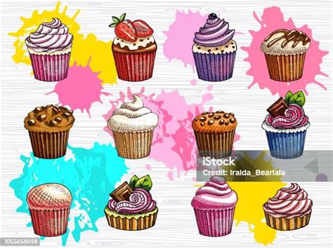 Cupcakes Izole Set Vektör Renkli Kek Koleksiyonu Stok Vektör Sanatı And Animasyon Karakter‘nin