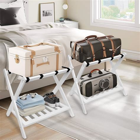 SECLATO Luggage Racks Wood Folding Suitcase Stand with Storage Bags