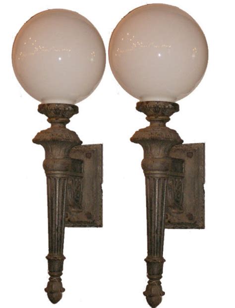 Monumental Pair Of Antique Exterior Cast Iron Torch Style Sconces For