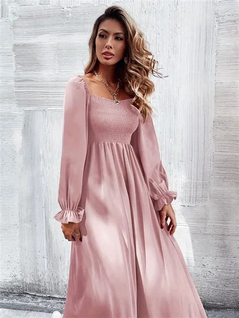 Solid Squared Neck Dress Casual Long Sleeve Ruffle Trim Temu