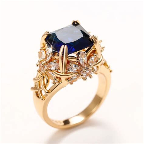 Huitan Luxury Square Blue Cubic Zirconia Gold Color Women Rings Inlaid