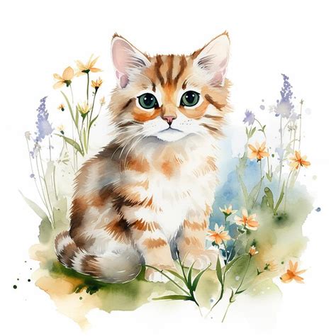 Premium AI Image Enchanting White Background Cat Watercolor Pose