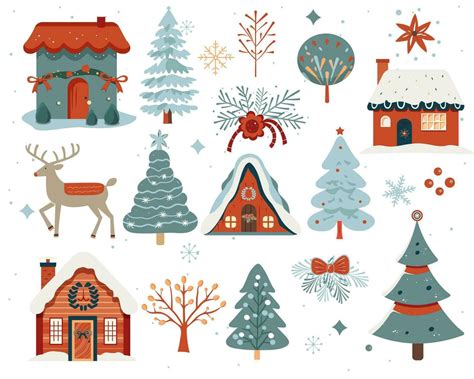 Scandi Christmas Illustration Cute Houses Trees Deer Set Of Hand