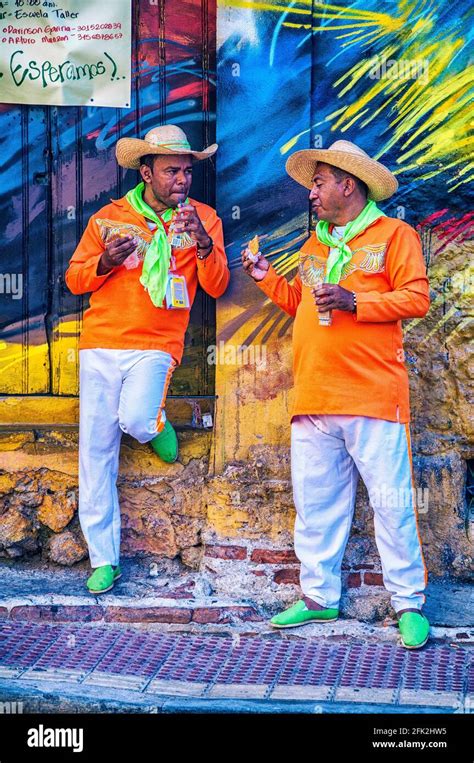 Men in traditional clothing. Getsemani, Cartagena, Colombia Stock Photo ...