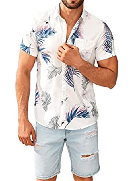 Herren Hemd Hawaiihemd Sommerhemd Aloha Blätter Umlegekragen Schwarz