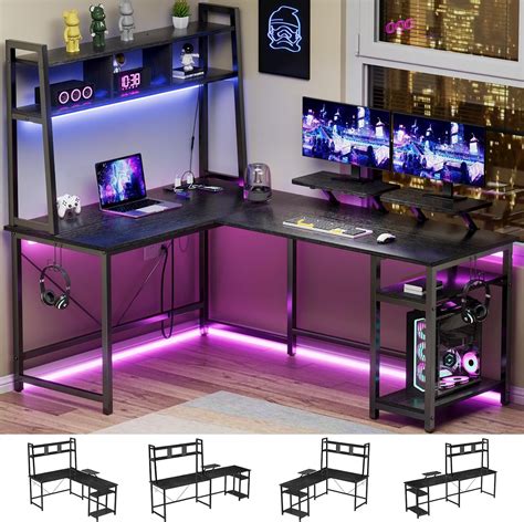 Flycity 94.5 inch L-Shaped Gaming Desk with Hutch, RGB LED Lights ...