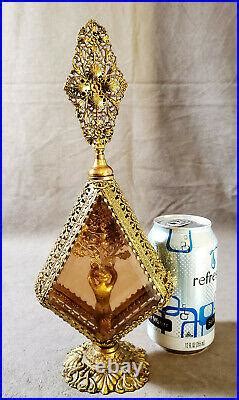 Antique Vanity Cherub Perfume Bottle Gold Filigree Ormolu Beveled Peach