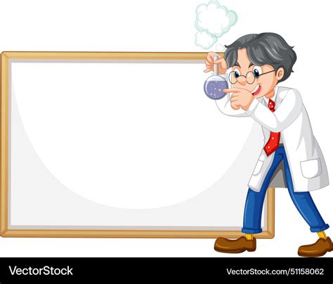 Cartoon scientist with beaker beside empty Vector Image