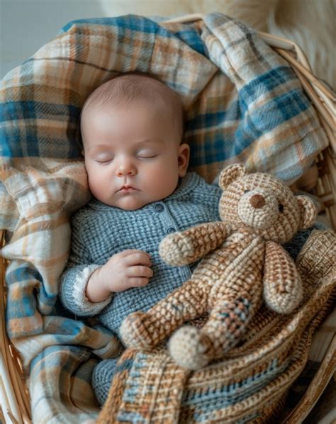 Baby Sleeping In Basket With Bear Premium Ai Generated Image