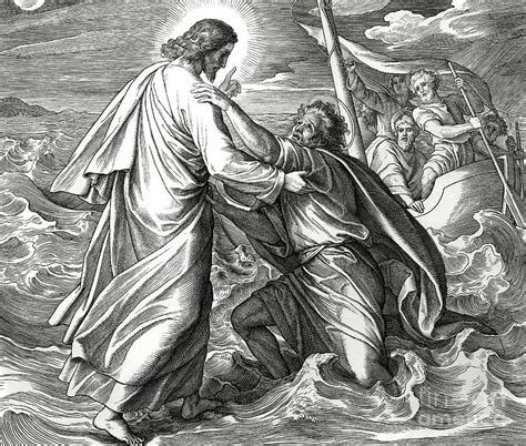 Jesus And Peter Walk On Water Scene From Gospel Of Matthew Drawing By