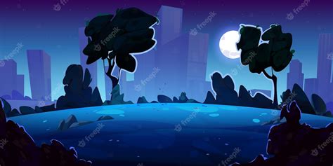 Cartoon Middernacht Stad Met Maanverlichte Openbare Tuin Gratis Vector