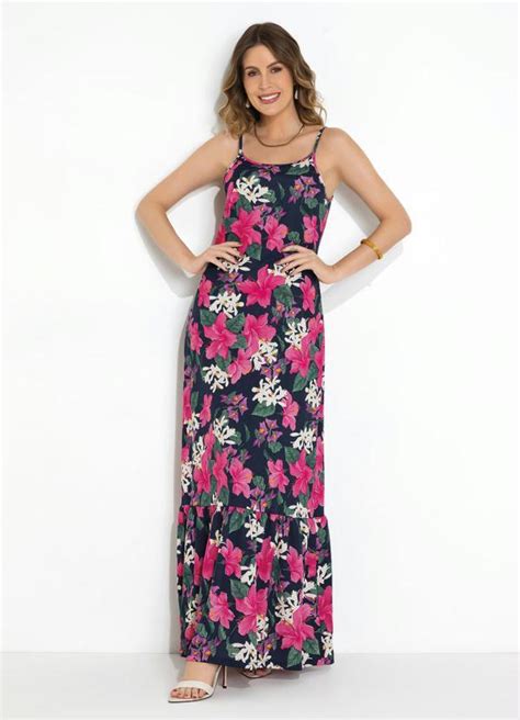 Vestido Floral Marinho Babado Na Barra Moda Pop