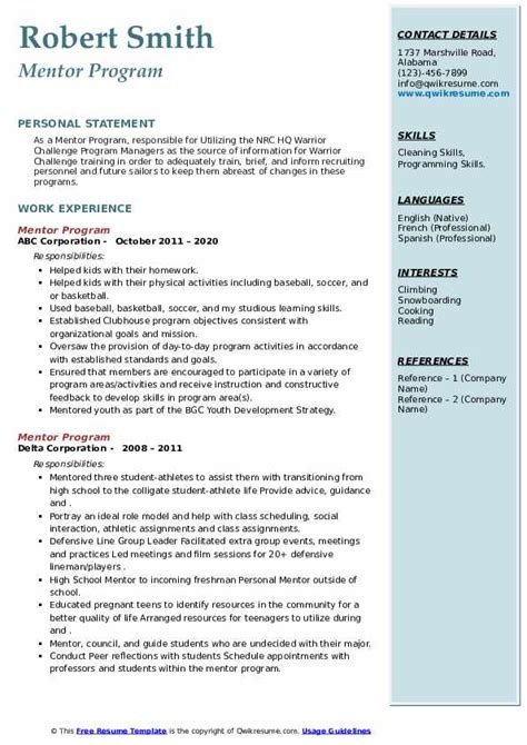 Mentor Program Resume Samples QwikResume