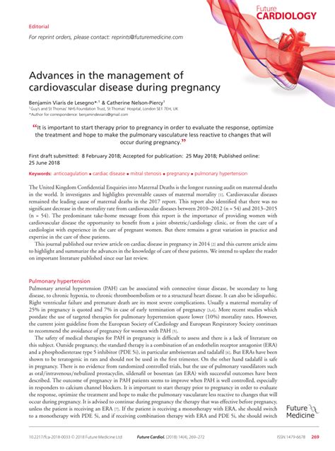 Pdf Advances In The Management Of Cardiovascular Disease During Pregnancy