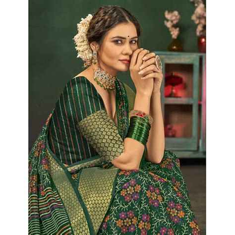 Green Festive Wear Floral Digital Printed Cotton Saree